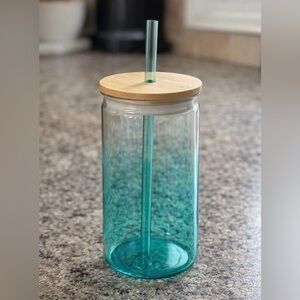 Glass Tumbler w/ Bamboo Lid & Straw Teal 20oz Reusable Cup New
